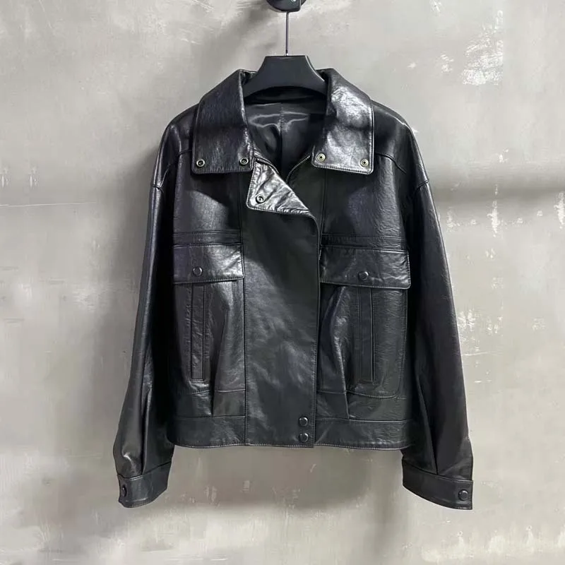 Manteau en peau de mouton véritable pour femmes, mode printemps, col rabattu court, vêtements de printemps de haute qualité