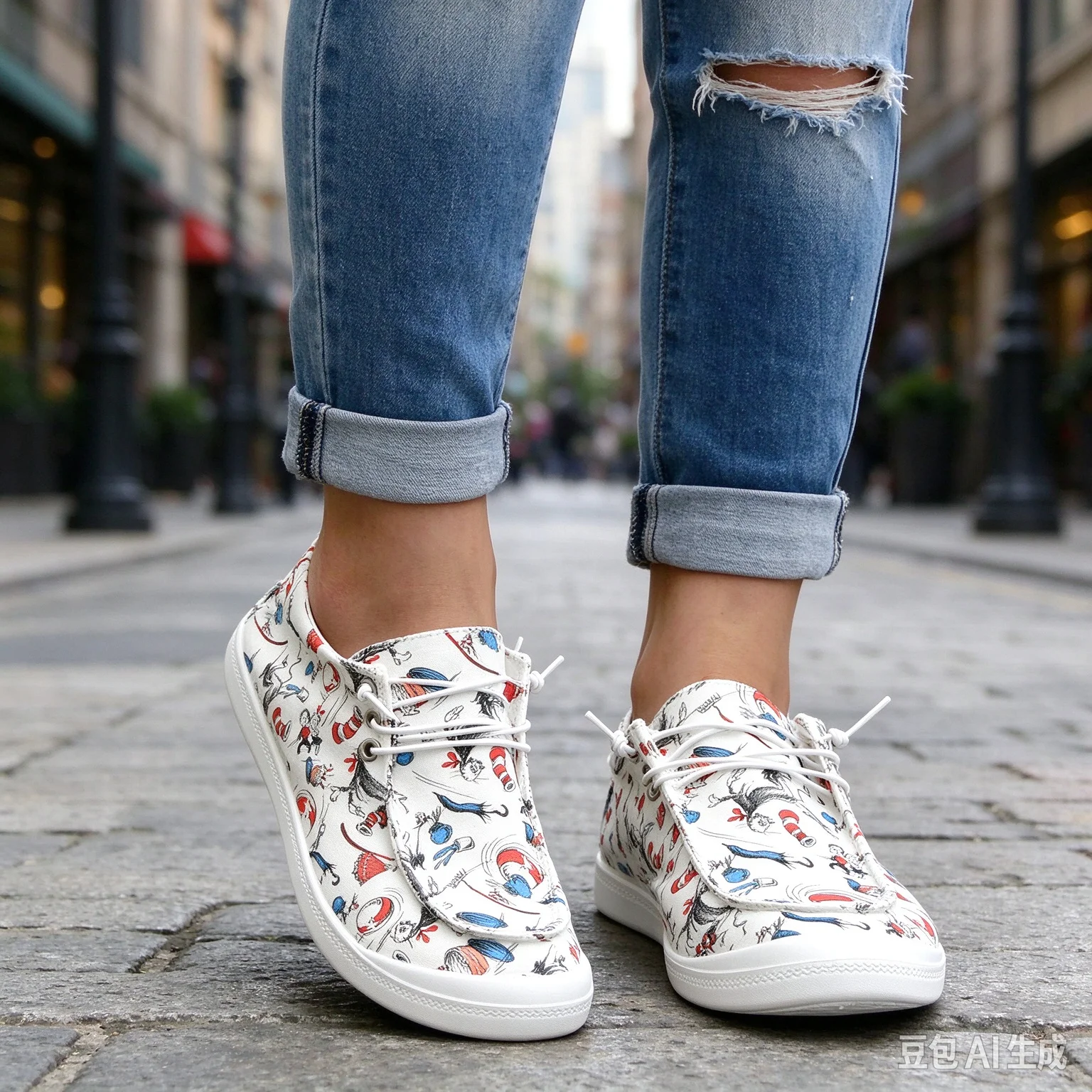 Women Cartoon Printed Canvas Sneakers Elastic No‑tie Lace‑up Flat Casual Shoes Ladies Lightweight Soft Sole Lazy Daily Walking Fashion Sneakers Female All‑Season Footwear