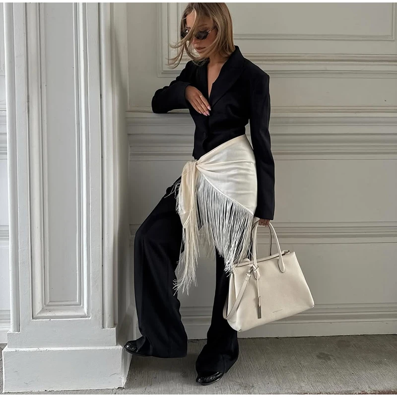 Fringe Wrap Skirt Solid Tie Waist Boho Style Elegant Women Fashion All-match Mini Skirts 2026 Party Chic Casual Vacation Outfit