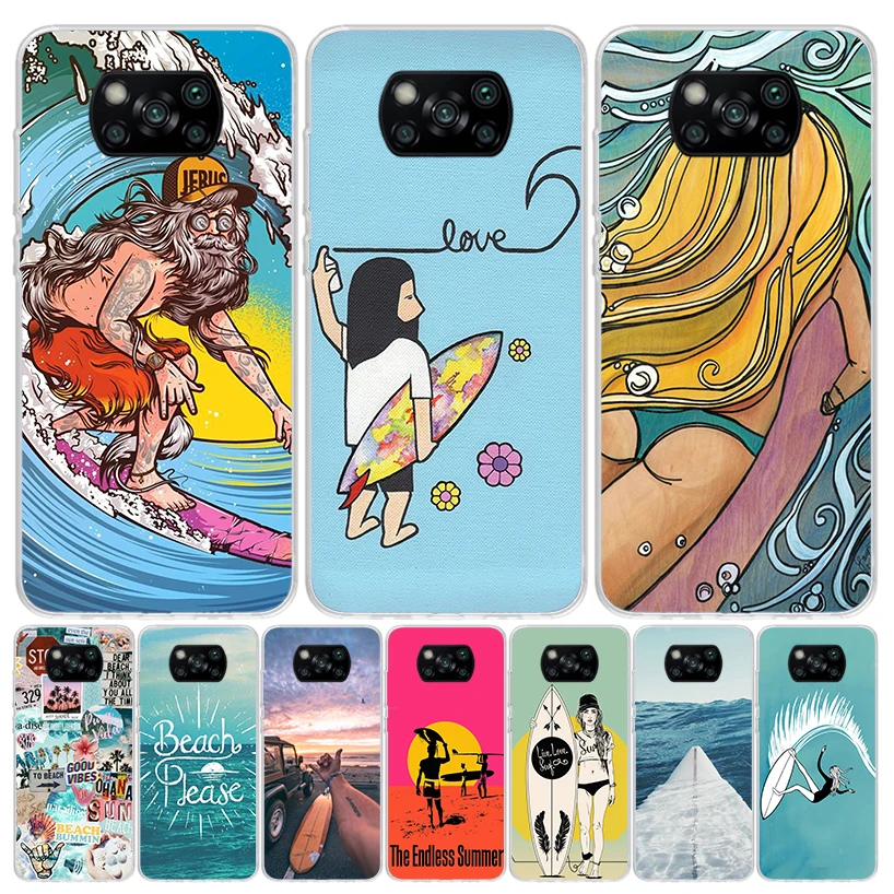 Surfboard Surfing Art Surf Girl Summer For Xiaomi Poco X6 X3 Nfc X5 X4 F6 F5 Pro Phone Case F4 Gt F3 F2 F1 M5S M4 M3 M2 5G Funda