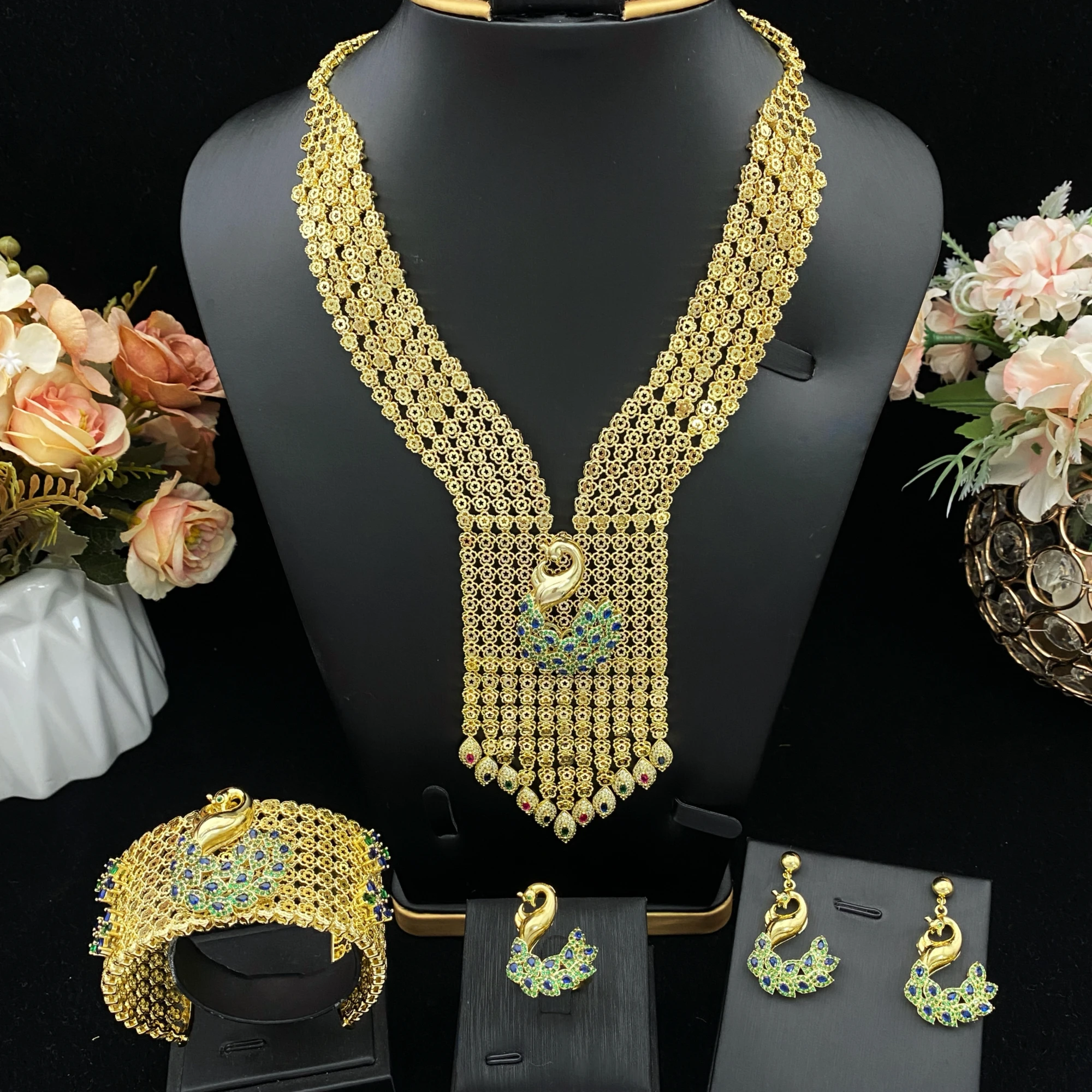 

JRH Women's Gold Plated Copper Jewelry Set with Peacock Shaped Zircon Earrings Necklace Ring Bracelet for Festival Celebration