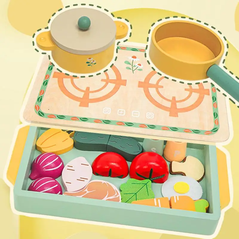 Juegos de cocina para niños, juego de simulación de comida, utensilios de cocina de madera con ollas, palas, accesorios para verduras para niños y niñas