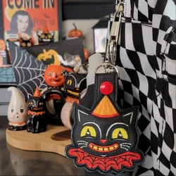 Vintage Halloween cute Black Cat - Embroidered Vinyl Keychain