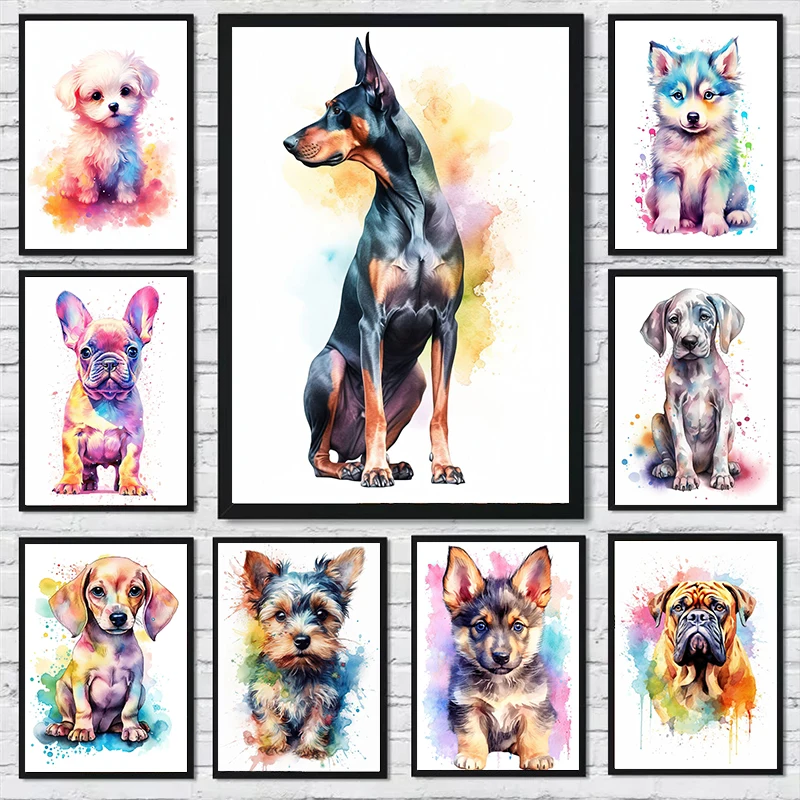 Color Pet Portrait Canvas Poster Christmas Gift Watercolor Painting Animal Dog Art Print Wall Pictures Living Room Decor