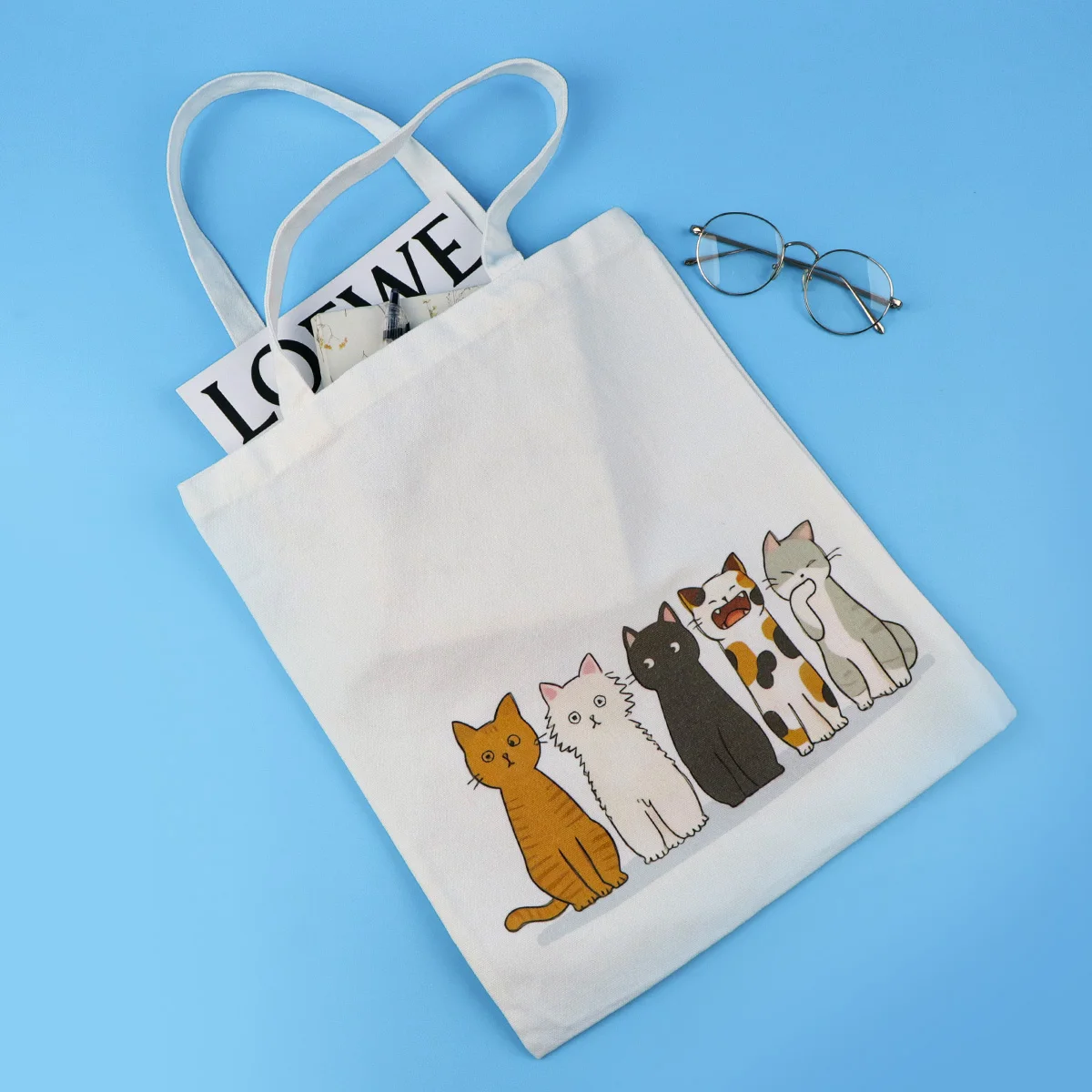 Leuke kat canvas draagtas boodschappentas multifunctionele handtas voor dames Casual opvouwbare schoudertas Schoolhandtas cadeau