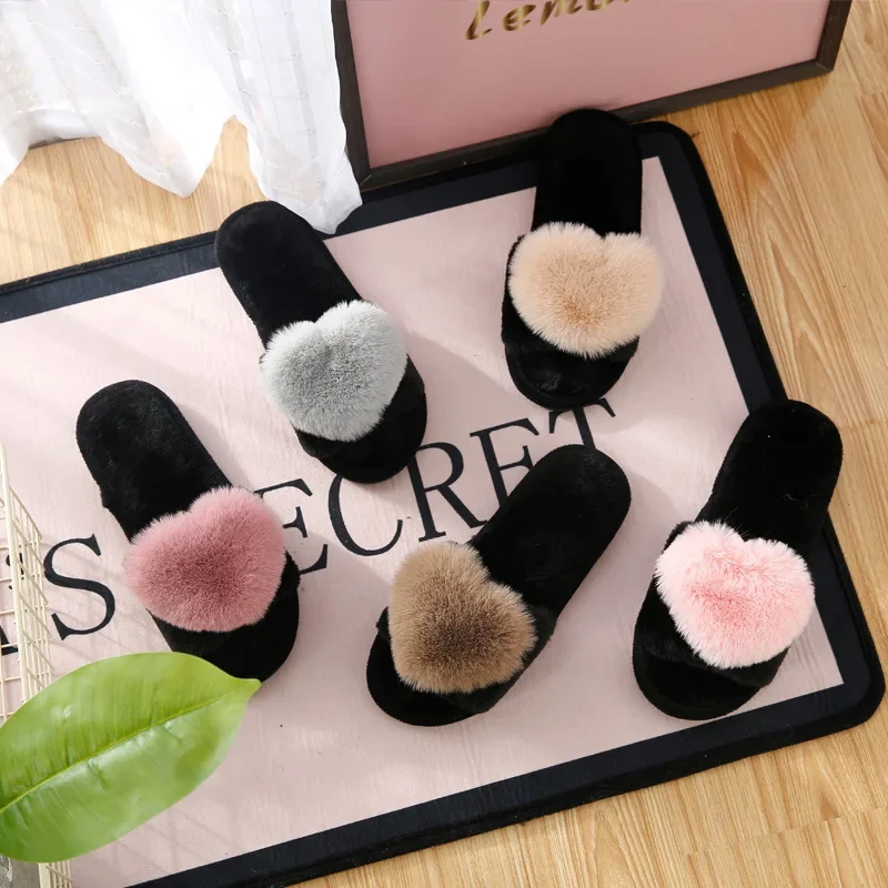 2024 Hot Selling New Plush Slippers Female Love Fluffy Slippers Indoor Warm Female Cotton Slippers