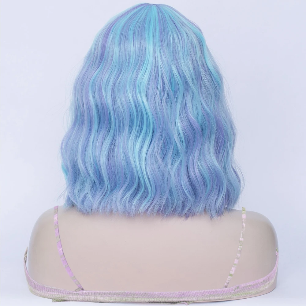 Sintético curto azul misturado roxo encaracolado onda bob peruca com franja para mulheres diário cosplay festa usar resistente ao calor cabelo falso
