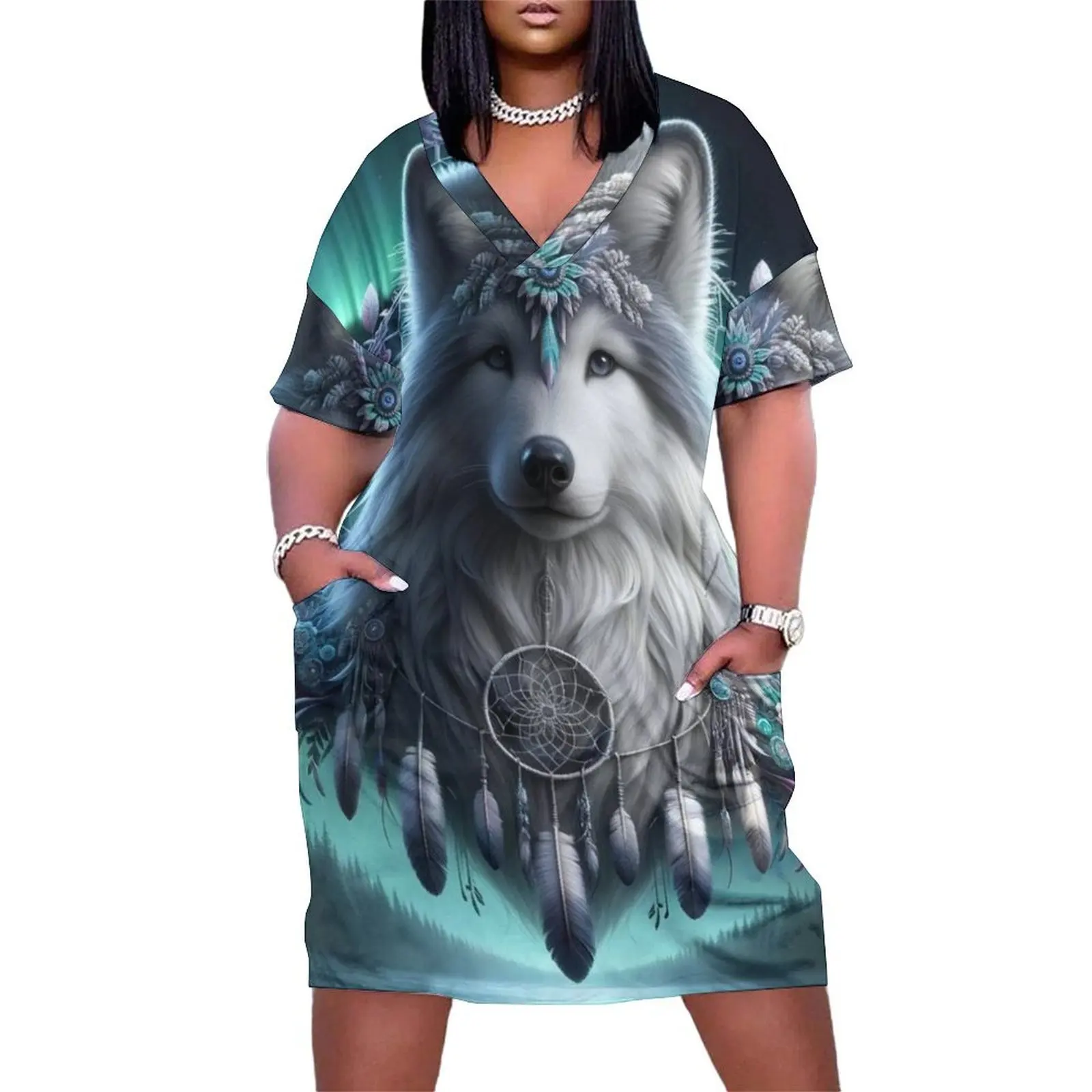 The Lunar Wolf, Guardian of Dreams Loose Pocket Dress Dress woman Beachwear Dress for pregnant women