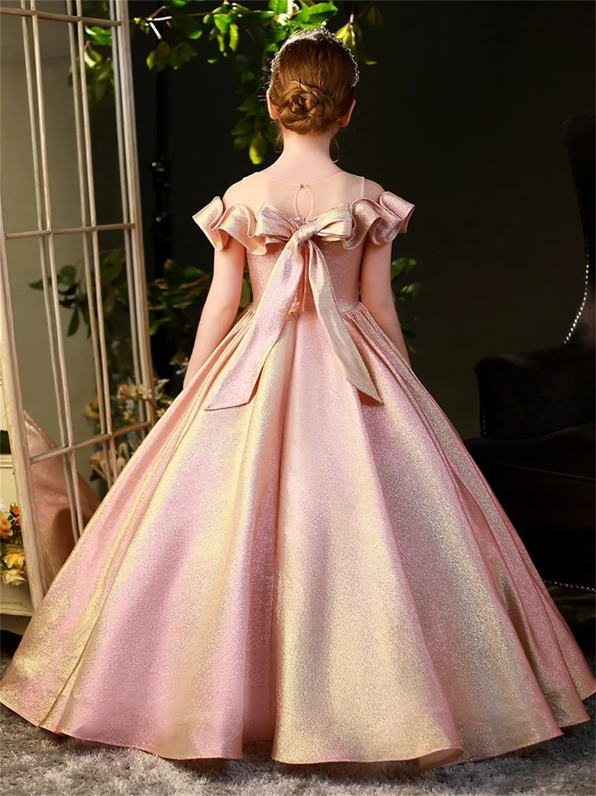 Princess Pink Shiny Flower Girl Dresses Wedding Elegant Prom Ball Pageant Gown Kids Birthday Party With Bow First Communion Wear