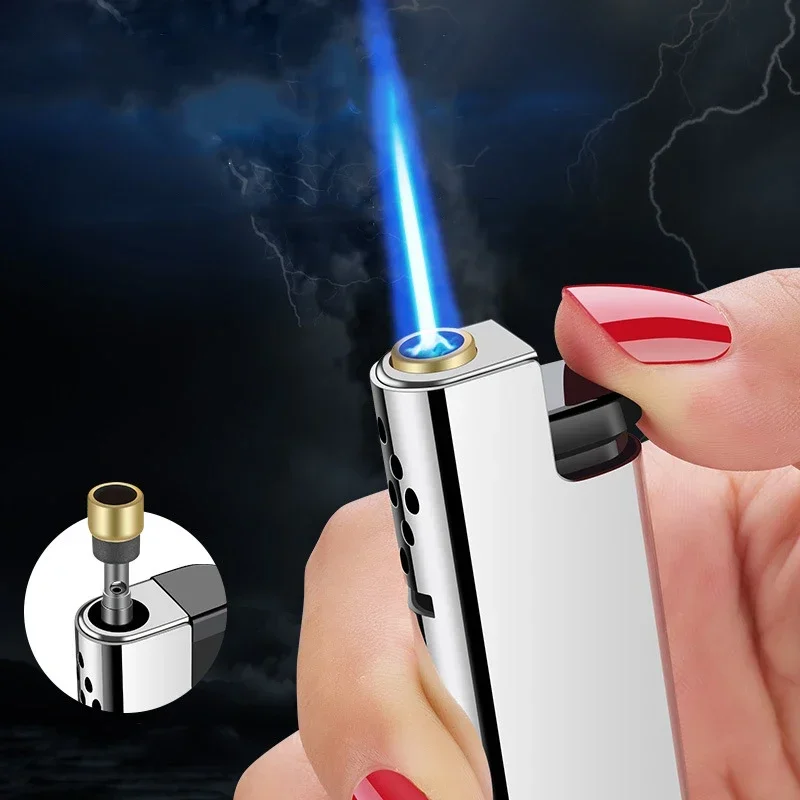 2024 New outdoor windproof direct spray blue flame lighter cigarette lighter cigar accessories camping tools ignition kitchen