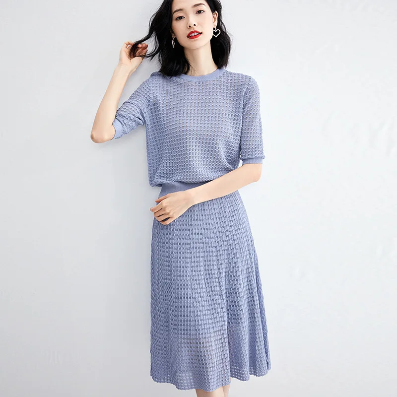 Spring Summer Women New Hollow Knitted Skirt Suit Wave Pattern High-end A-line Skirt All-match Top Suit Skirt