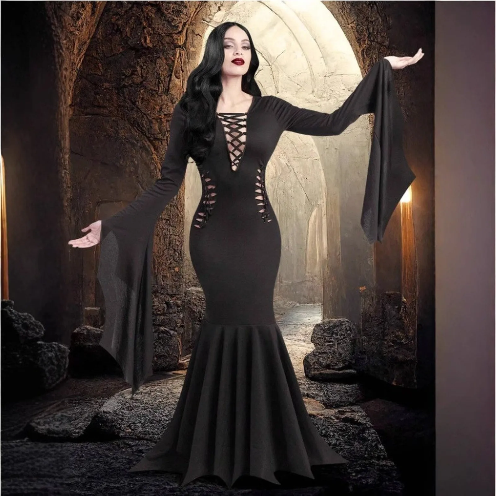 

Women Fashion Halloween Slimming Long Sleeve Hollow Out Dress Ladies Sexy Bat Sleeve Fishtail Dress Women's Witch Party Dress