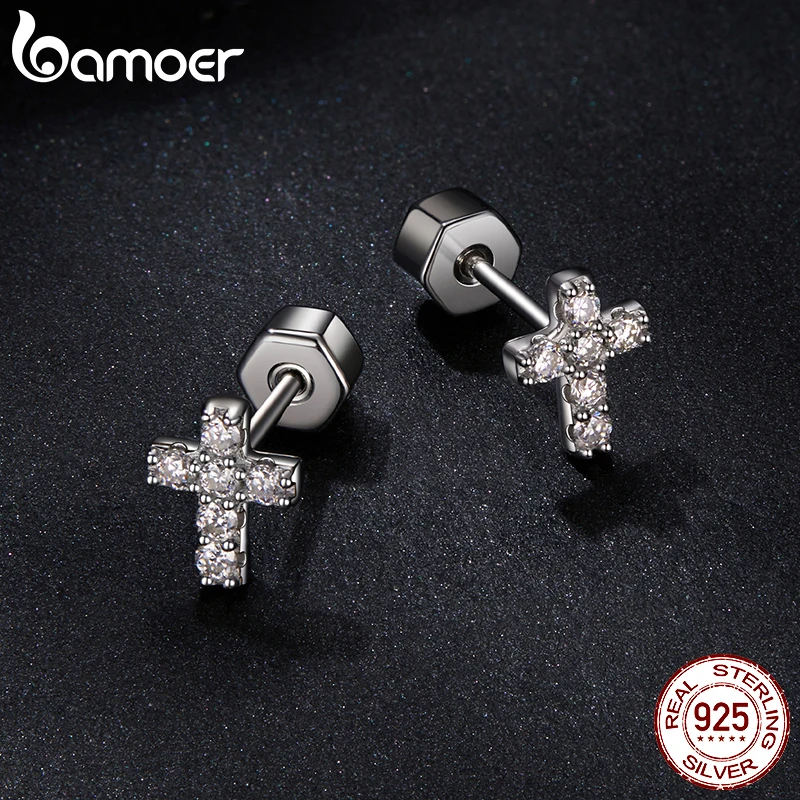 BAMOER White Gold Plated Moissanite Cross Earrings for Women, 925 Sterling Silver Small Religious Faith Cross Studs Huggies