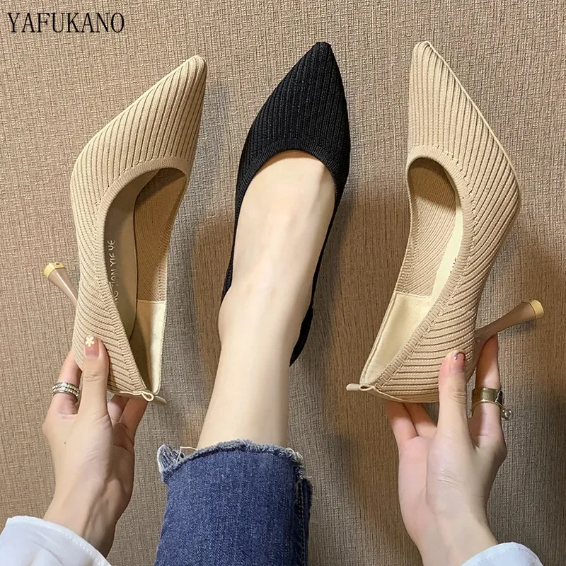 Fashion Black High Heels 2024 New Shallow Mouth Women\'s Shoes Professional Work Shoes Pointed Toe Stiletto Knitted Single Shoes