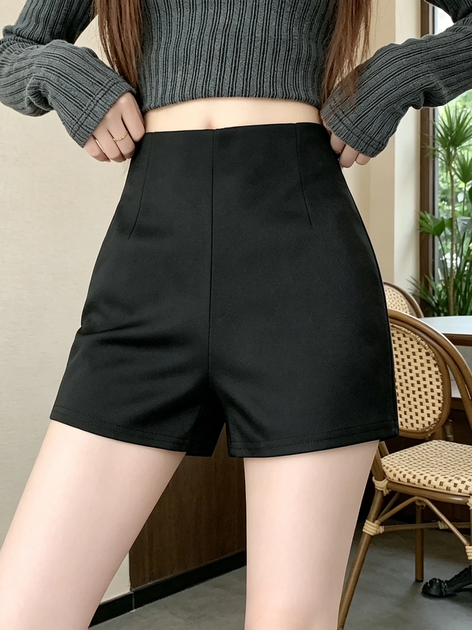 Black Elastic High Waist Suede Shorts A-Line Wide Leg Boot Pants Sexy Girl Style Casual Trousers for Women Autumn Winter New