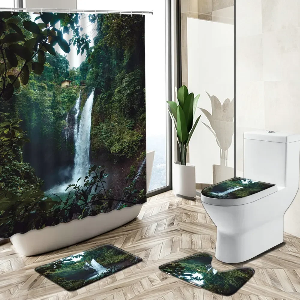 Forest Waterfall Scenery Bathroom Shower Curtain Set Trees Rocks Green Plants Natural Landscape Rug Toilet Lid Cover Bath Mat