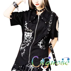 2024 Womens japanese Y2K clothes Rivet Chain Strap Shirt Punk Kill Shirt Neutral short sleeved zippered Top Subcultures Summer