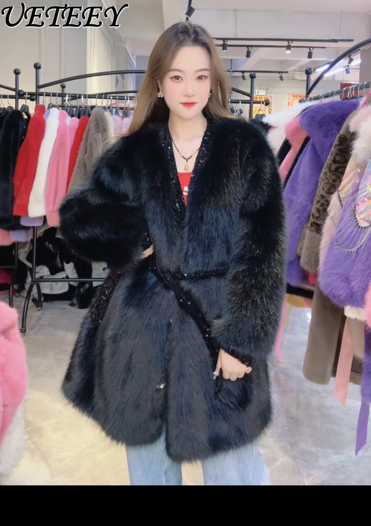 Winter New Bathrobe Wind Heavy Industry Sequins Luxury Imitation Fur Jacket Warm Waist Temperament Celebrity Lace-up Coat