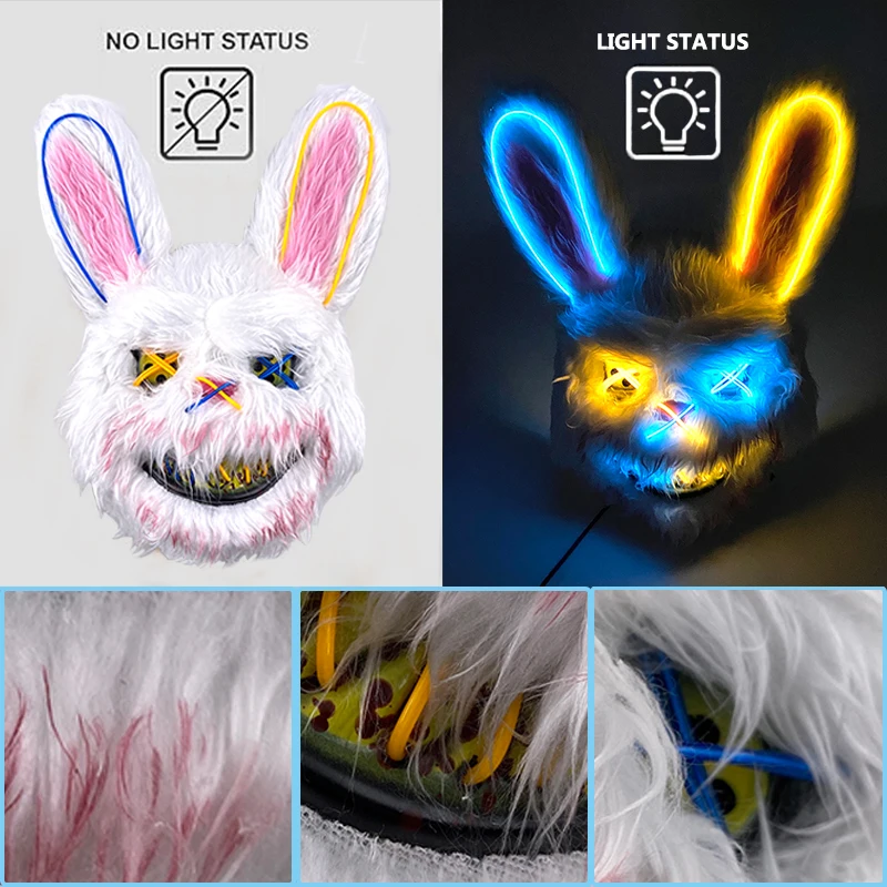 Halloween luminous Scary Bunny Mask LED light up Bloody Bunny Mask Creepy Masks With Ears for Girl boy Halloween Cosplay costume