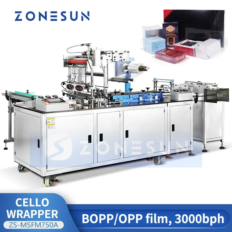 ZONESUN Cello Wrapper Boxes Overwrapping Product Packing Equipment Automatic Cellophane Packaging Machine ZS-MSFM750A