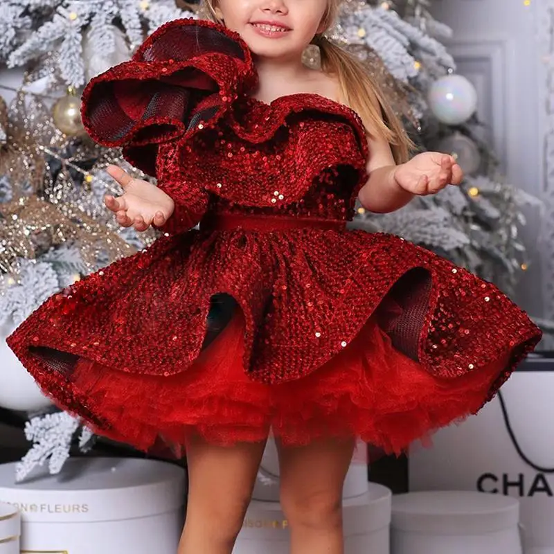 

2-14 yrs Girls Dress christmas Birthday Party Wedding Baby one shoulder Sequins Princess tutu beauty pageant Girls Dresses