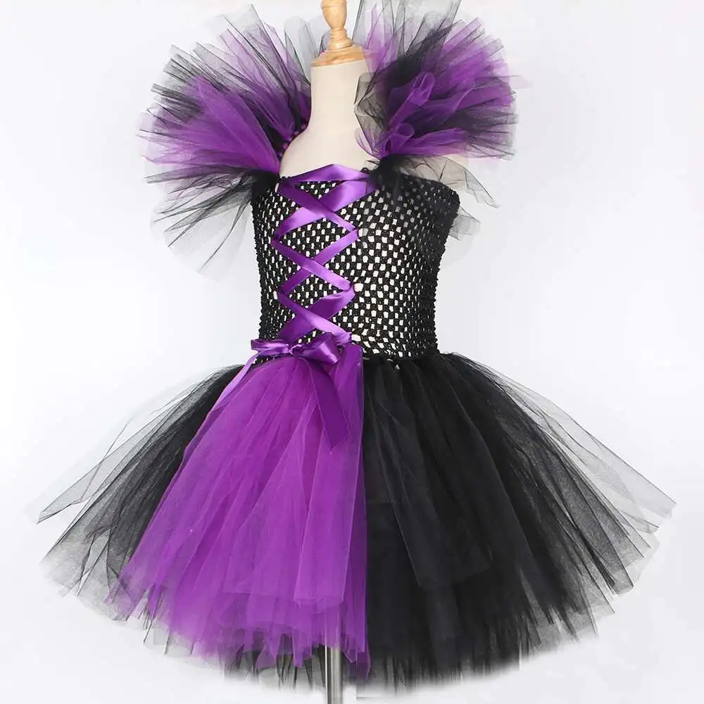 Girls Purple Black Witch Tutu Dress with Hat Broomstick Kids Trick or Treat Halloween Dress Up Costumes Carnival Disguise Outfit
