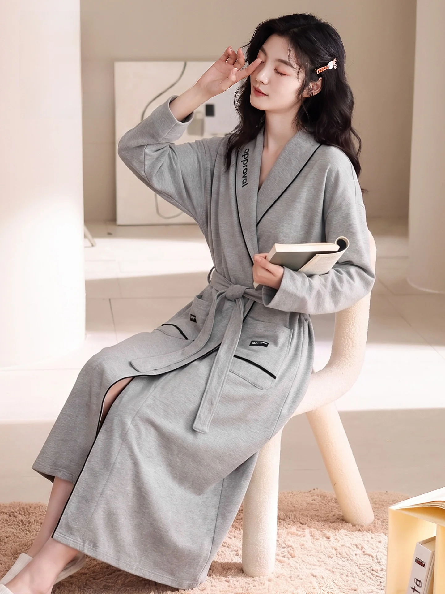 pure-cotton-grey-long-sleeve-women's-robe-spring-autumn-seasonal-belted-color-morning-gown-four-seasons-universal