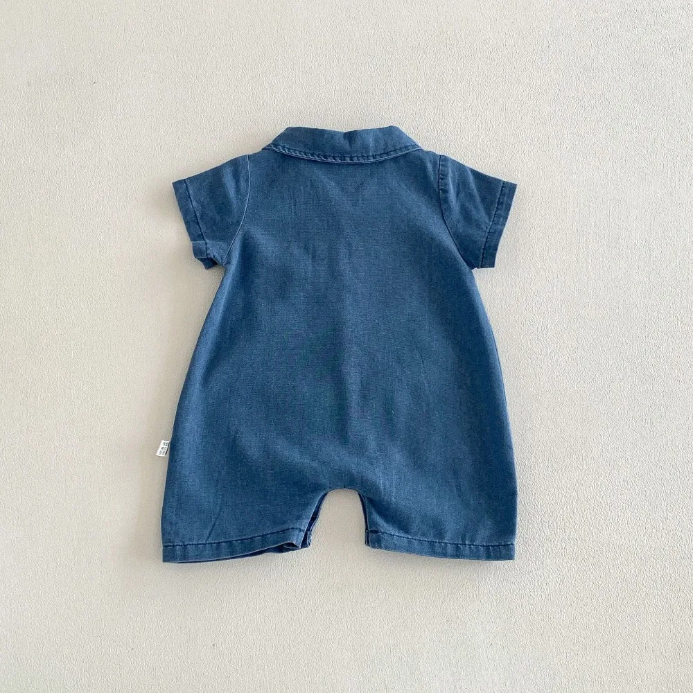 Summer Baby Boy Denim Romper 0-2Years Fashion Newborn Solid Color Short Sleeve Turn Down Collar Soft Jeans Jumpsuit Clothes