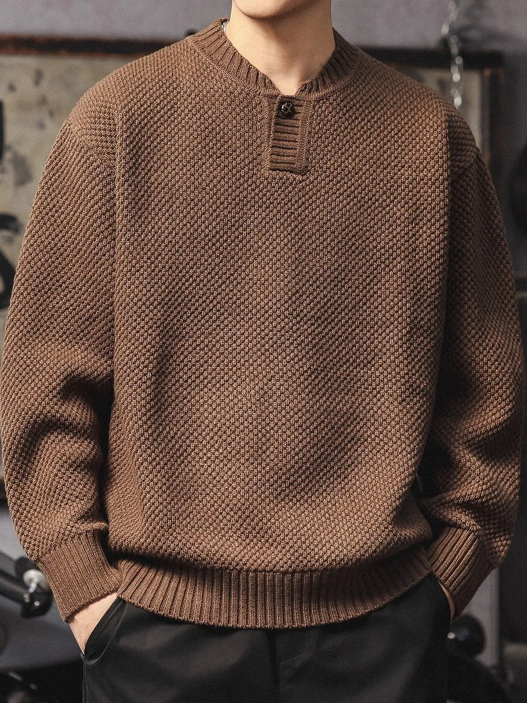 

Мужской теплый вязаный свитер большого размера в американском ретро-стиле с воротником «Генри», на пуговицах, свободного кроя, молодежный, повседневный, на зиму