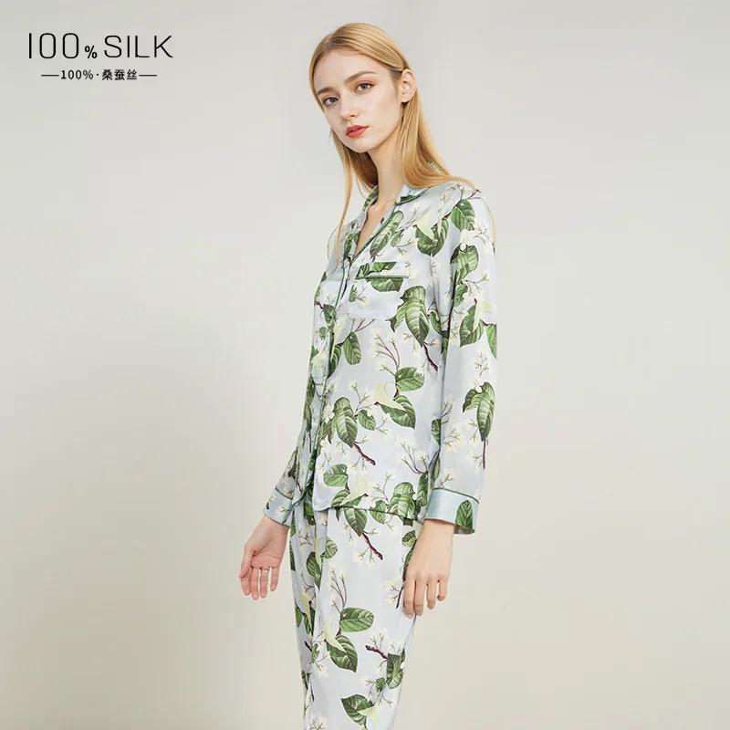 Spring Summer Floral Print Silk Pajamas Set Women 100% Mulberry Silk Satin Long Sleeve Shirt and Pants Homewear Suit