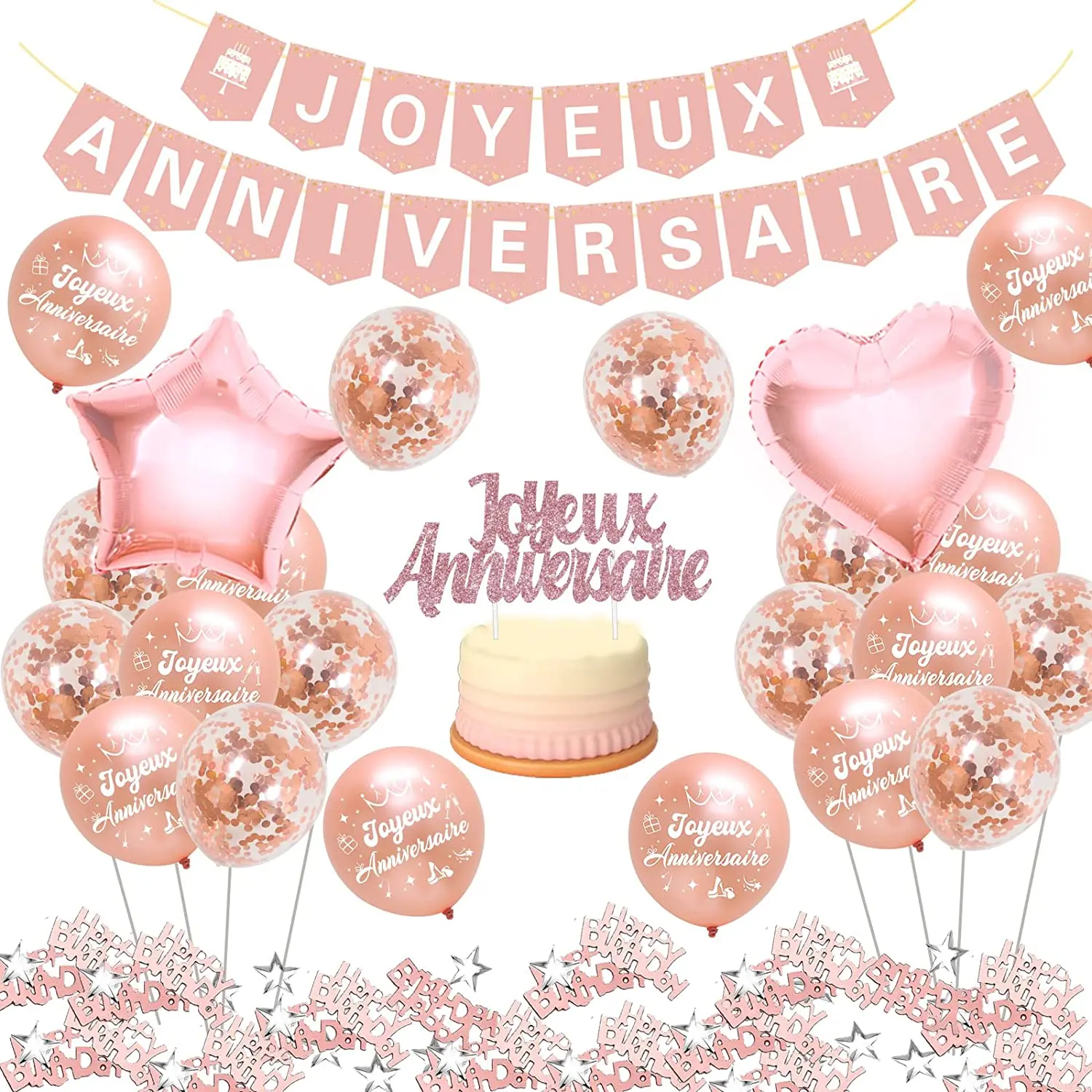 

Sursurprise Rose Gold Birthday Decorations Joyeux Anniversaire Banner Cake Topper Happy Birthday Confetti Balloons for Girls