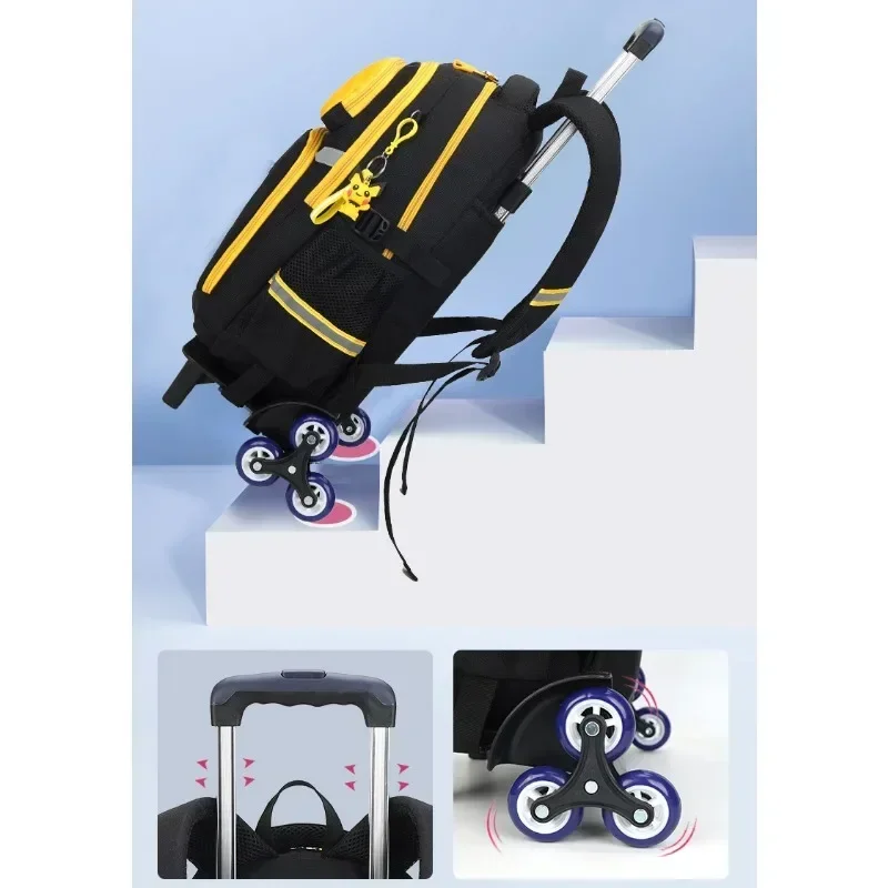 MINISO Pokemon Pikachu Kids Boys School Bag TwoWheel Six- Wheel Trolley Backpack Student Insulatedtrolley Bag