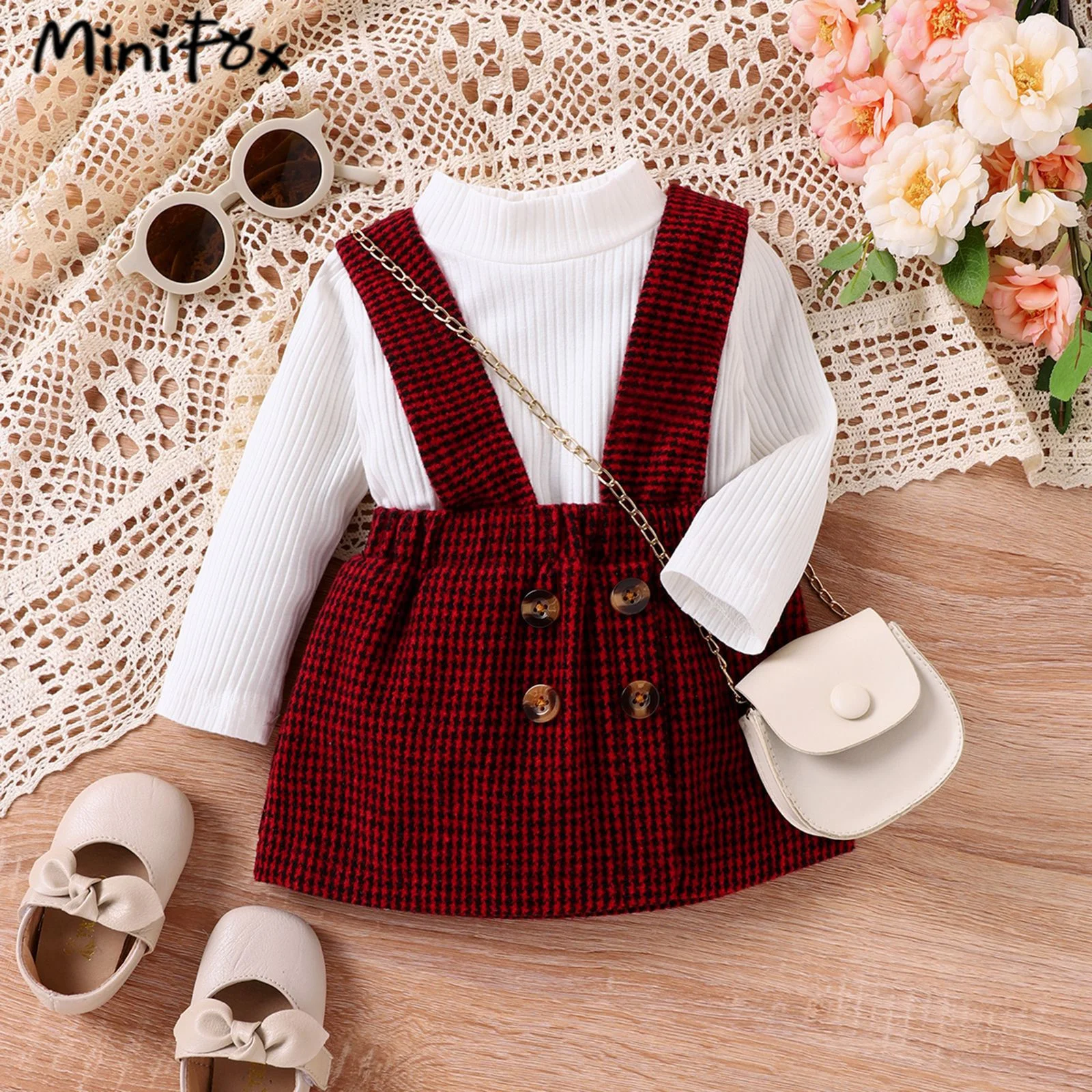 MiniFox completi per neonate set t-shirt bianche con maniche in pizzo di compleanno rosso e gonne di velluto a coste con fiocco vestiti per bambine