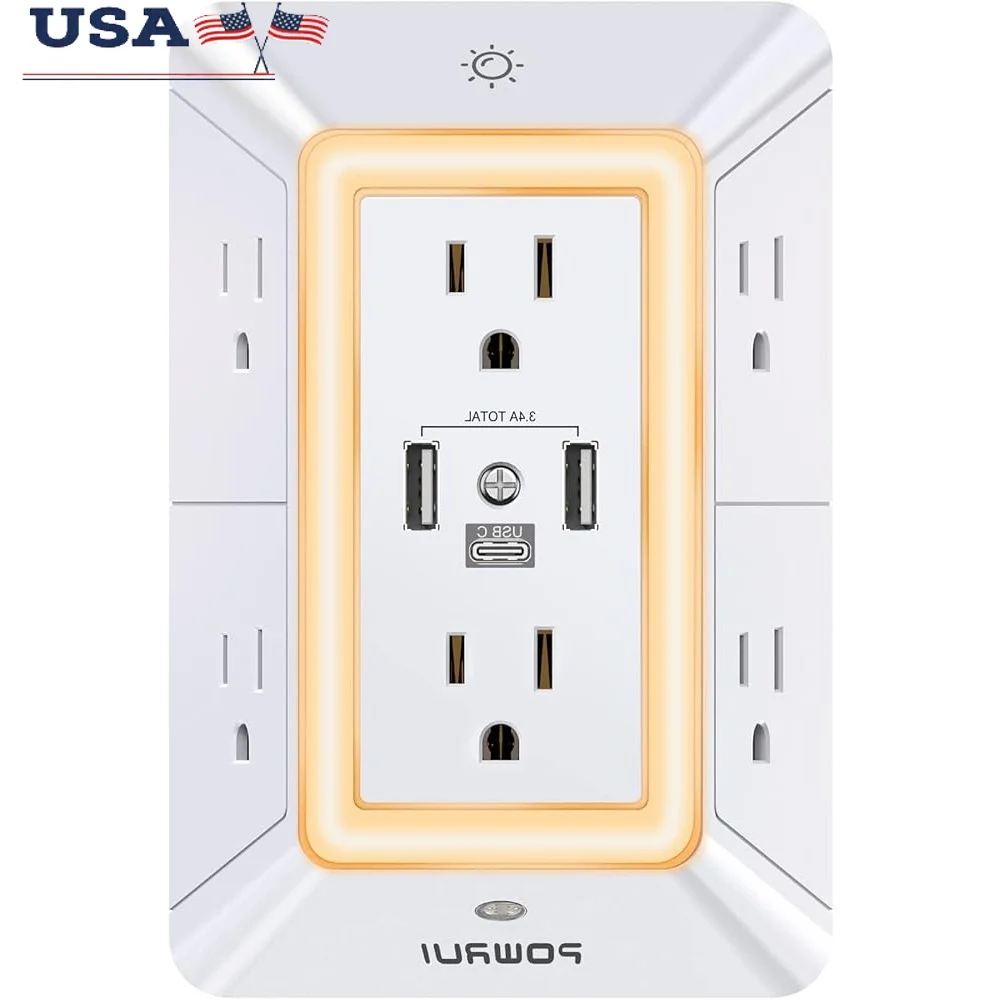 

6 Outlet Surge Protector Power Strip with 3 USB Ports USB C Night Light 3D Design Adjustable Brightness Space Saving