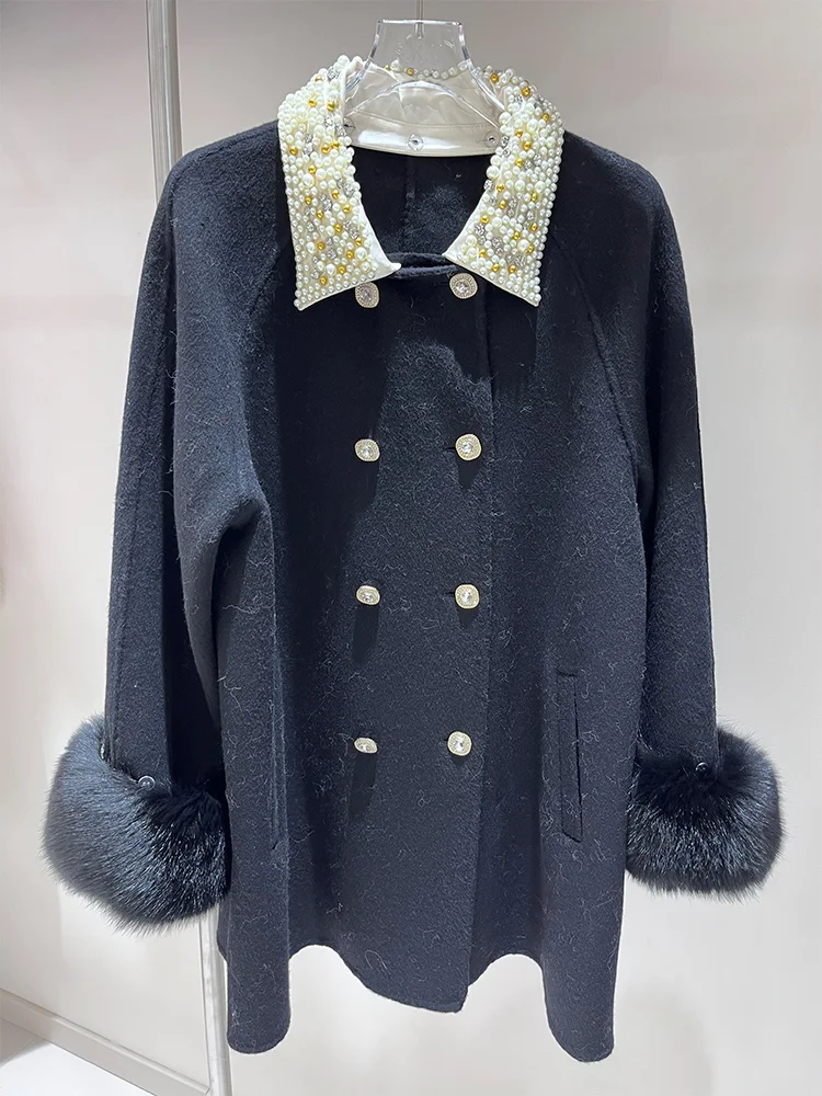 2025 New Winter Women Real Fox Fur Wool Woolen Coat Natural Fox Fur Collar Jacket Ladies Outerwear Streetwear