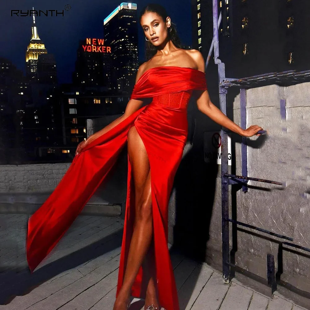 

Ryanth Sexy Red Celebrity Dress Mermaid Prom Dresses Elegant Evening Gown Corset Pleat Beads Off Shoulder Beads Dubai Women