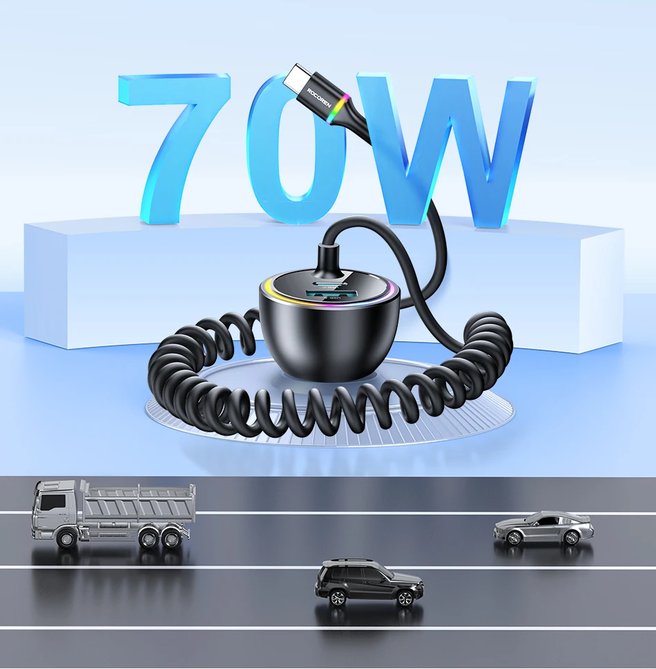 Rocoren 70W USB-Autoladegerät, schnelles Laden, PD 35W USB-C-Autoladegerät mit Federladekabel, Typ-C-Autoladegerät für iPhone Xiaomi – Detail 25