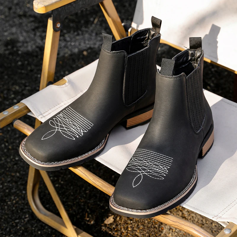 Botas altas para hombre, botas desnudas de tacón bajo con bordado de PU, botas clásicas profesionales para hombres de negocios, tallas 40-47