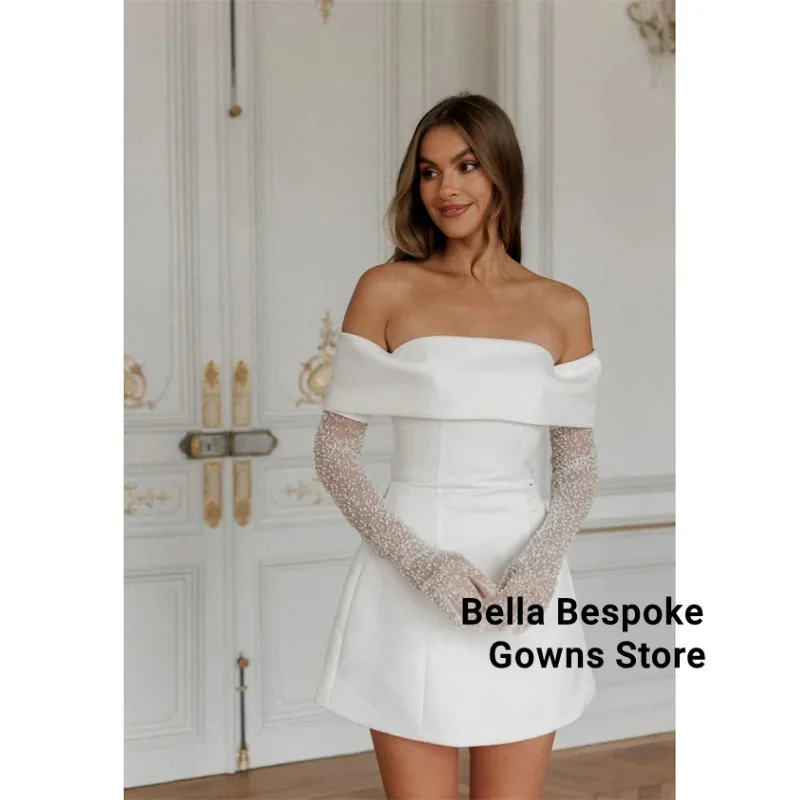 

Stain Off the Shoulder Long Sleeve robes de soirée A-Line Up to Thigh Length Evening Dresses Valentines Day Wedding Dress