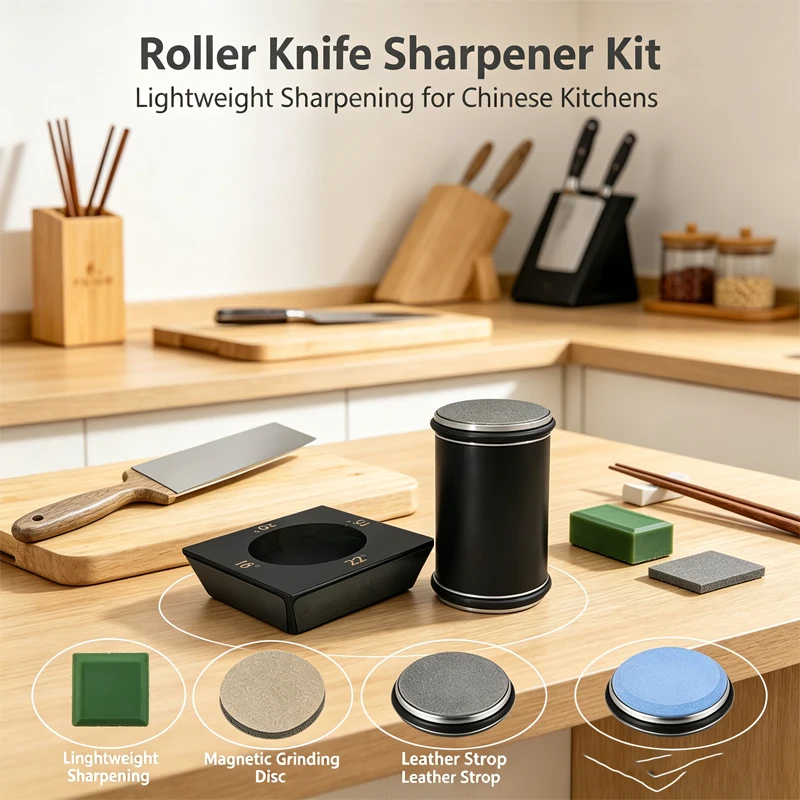 Multi Set Roller Knife Sharpener, Industrial Diamond Stone, 15-22°, Leather Strop with Storage Bag
