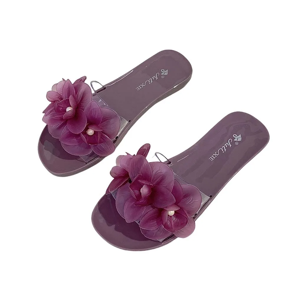 

Holiday Outer Wear Women Flower Crystal Slippers Jelly Transparent Flower Waterproof Seaside Sandals Pink Purple Non-Slip