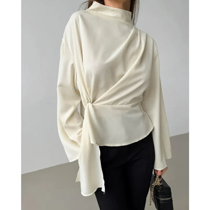 

Chiffon Shirt For Women Fashion Pleated Long Sleeve Round Neck Pullover Casual Office Lady Elegant Blouse Stylish Tops For Work