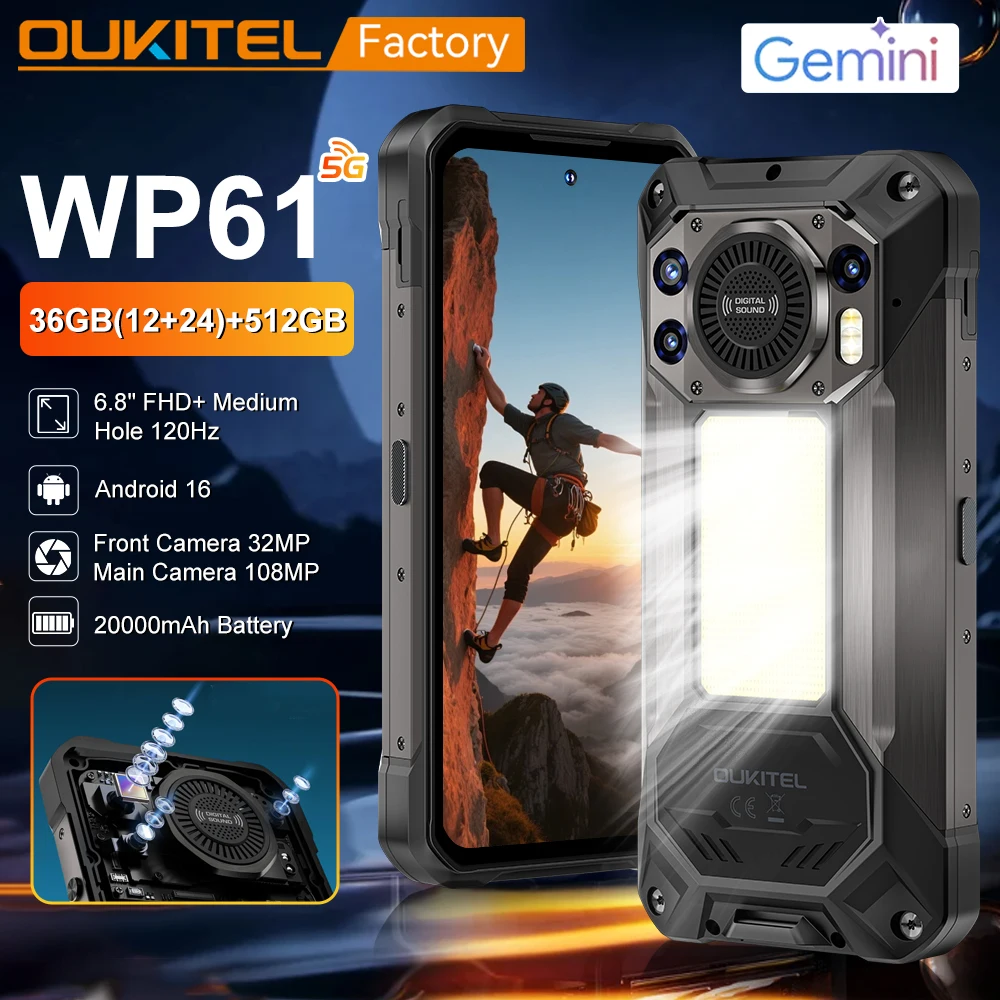 Global version OUKITEL WP61 Rugged Smartphon 5G FHD+ 36GB(12+24)+512GB 20000mAh 108MP MTK Dimensity 7025 Android 16 Mobile Phone