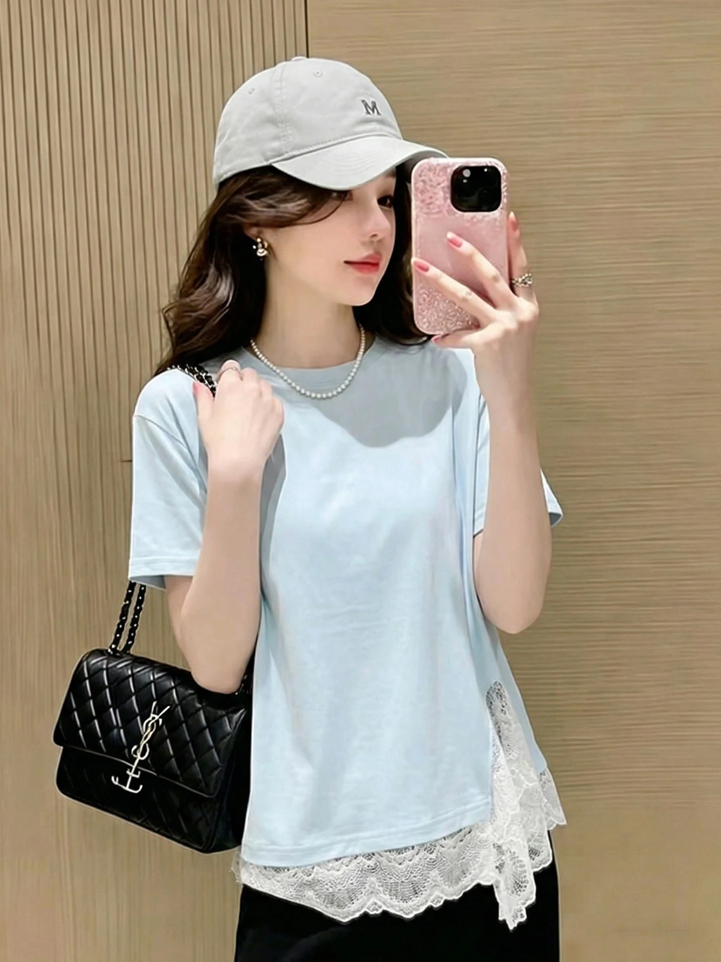

Chic Casual Short Sleeve T-Shirt Lace Patchwork Design Summer Fashion Women's Top Versatile Comfortable Korean Style round Neck