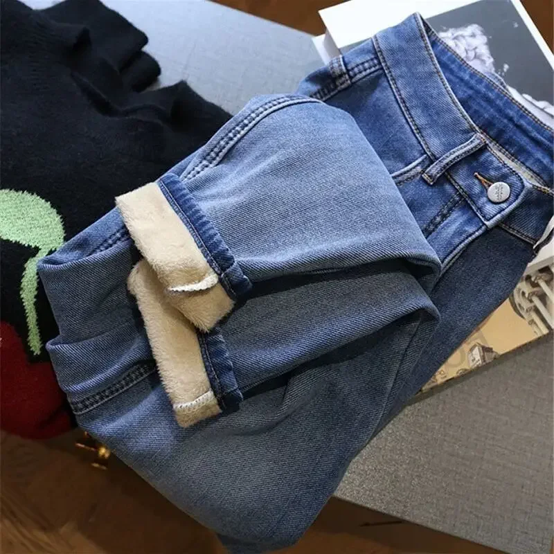 Fashion Baggy Warm Denim Trousers Plus Velvet High Waist Wide Leg Pants Casual Loose Thicken Winter Jeans for Women Streetwear