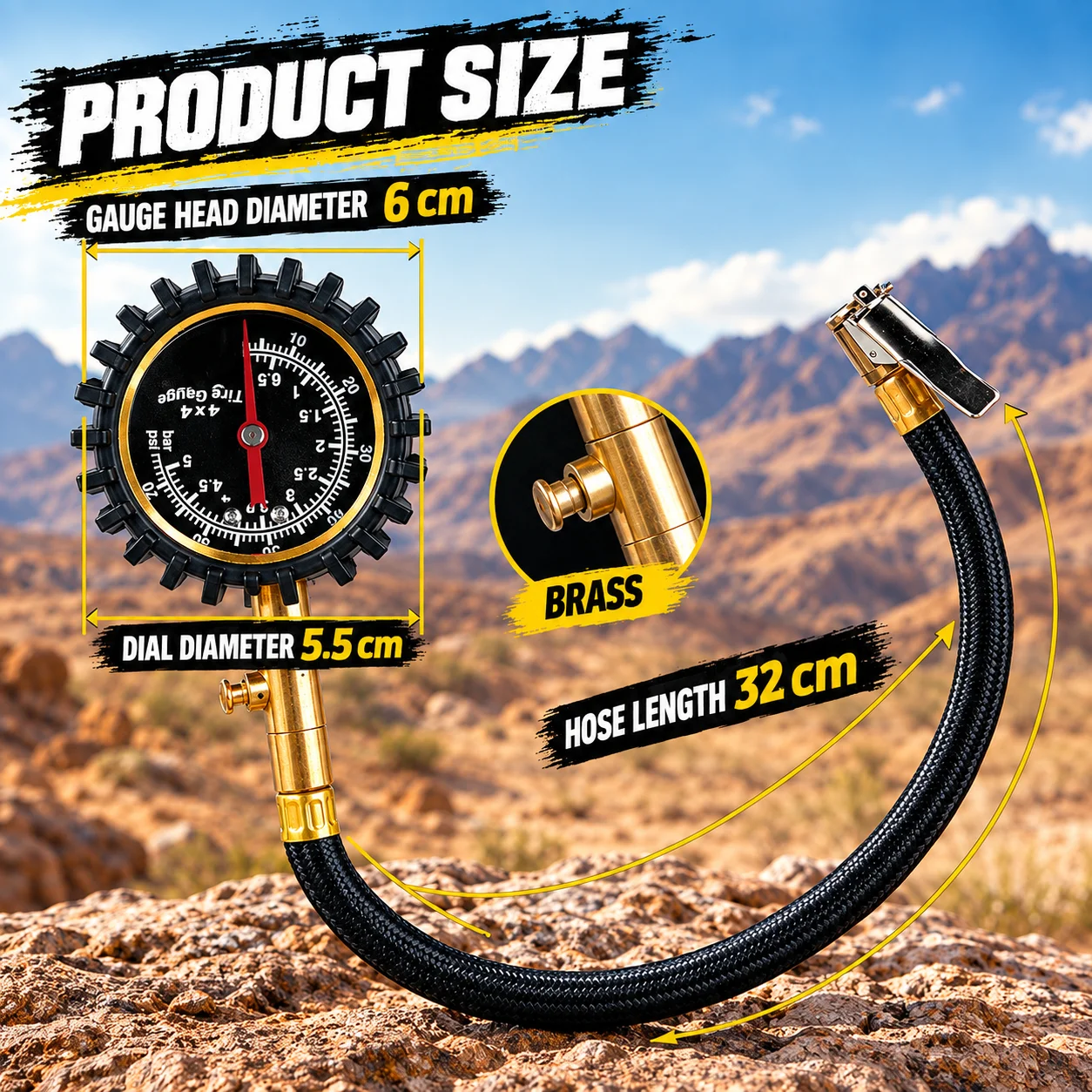 4x4 Tire Pressure Gauge with Braided Hose, Heavy Duty Analog Tire Gauge for Off-Road Trucks, SUV, Jeep & Motorcycle Tire Pressur
