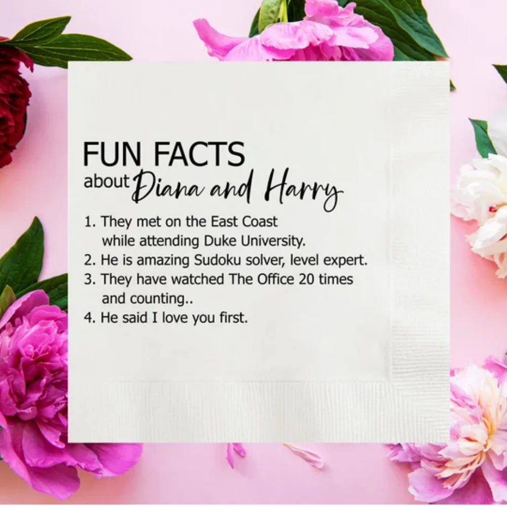 

50Pcs Fun Facts Bride Groom Custom Napkins, Trivia Personalized Wedding Napkin, Vow Renewal, Anniversary, Rehearsal Dinner, Enga