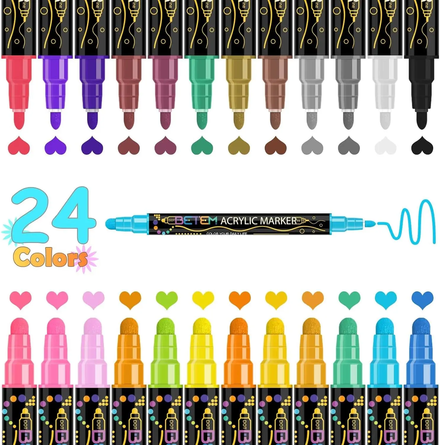 Pennarelli Acrilici a Doppia Punta in 24 Colori per Roccia, Legno, Tessuto, Vetro, Tela, Ceramica - Materiali per Artigianato e Arte Fai-da-Te