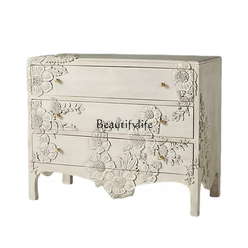 

American rural French white retro solid wood chest cabinet carved decorative cabinet