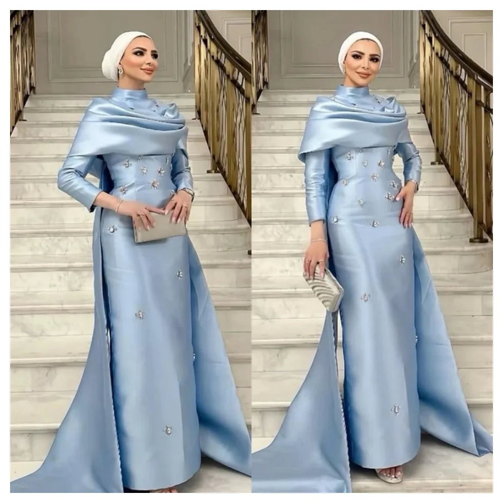 فستان سهرة من الساتان الأزرق الرقيق حسب الطلب، خط عنق عالي رائع قبالة الكتف وأكمام طويلة، فستان حفلات ناعم Pr #2